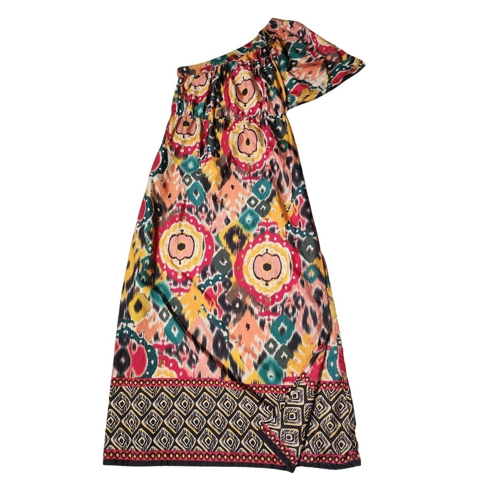 Angie One Shoulder Maxi Dress Vibrant Ikat Yellow Print Boho Artsy Festive L